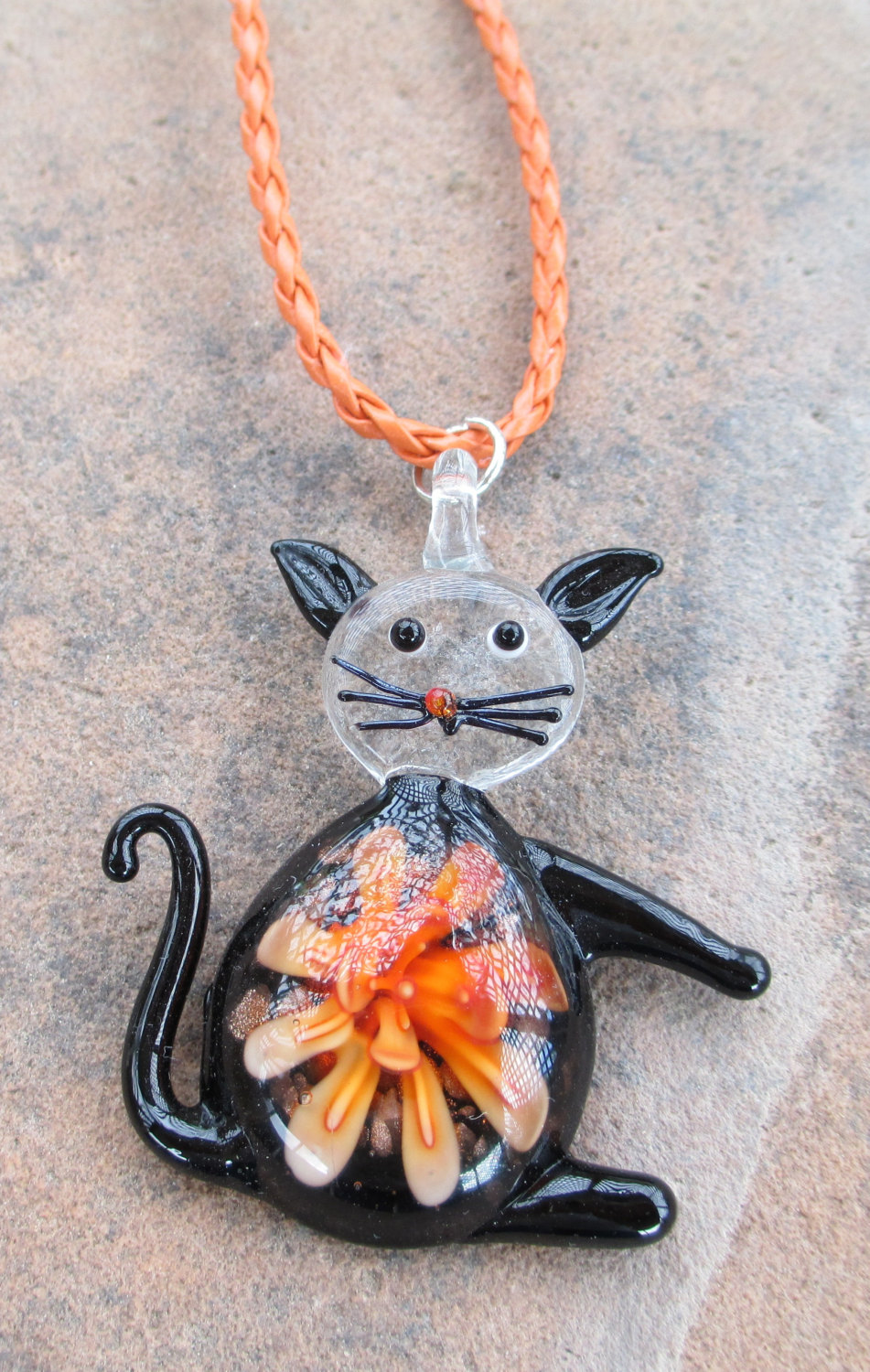 Cat Orange and Black Halloween Necklace - Sparkle By Monica