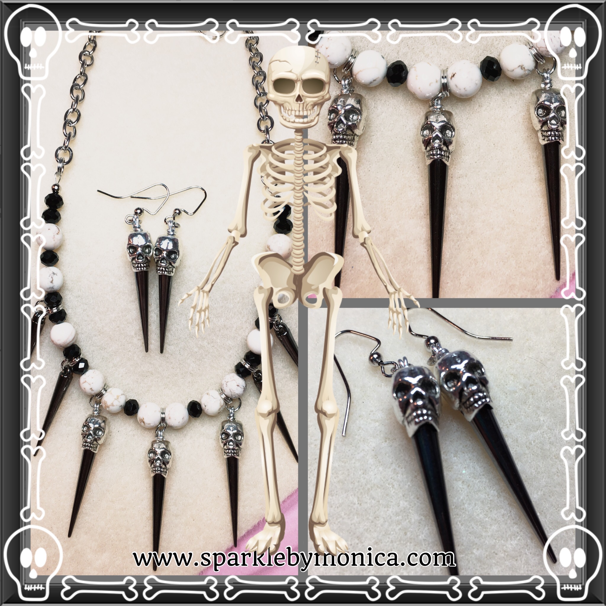 Halloween Fishhook Drop Earrings Skull or Skeleton in Silver-tone